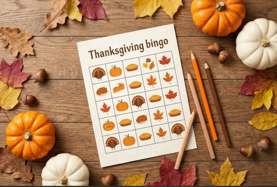 printable thanksgiving bingo card with turkey, pumpkin and pie pictures on a wooden table