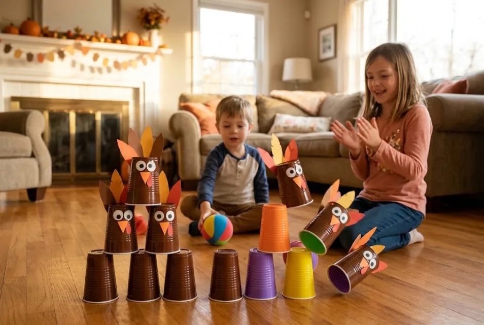 thanksgiving games for kids: two children playing turkey bowling with decorated paper cups